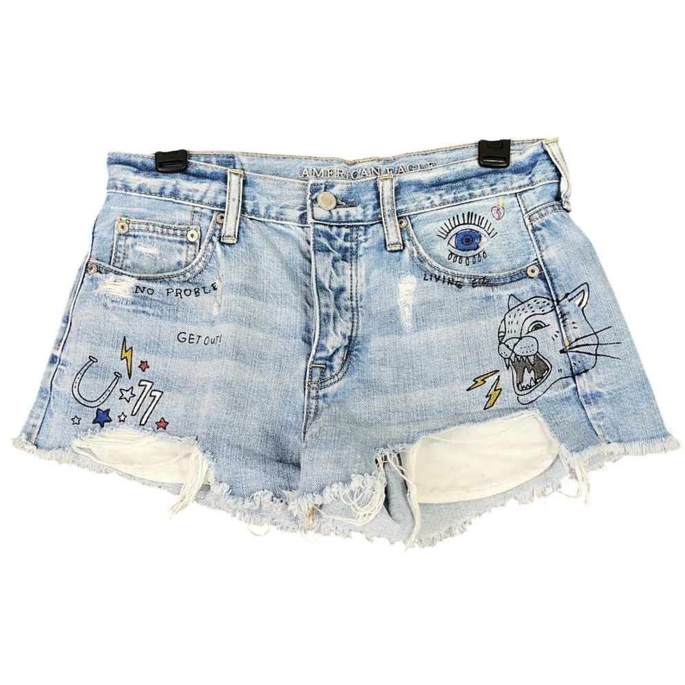 American Eagle Embroidered Distressed Denim‎ Shorts Graphic Cut Off 4 Womens